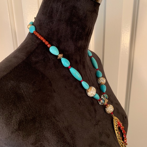 Necklace Turquoise and Red Statement Piece - Picture 6 of 8